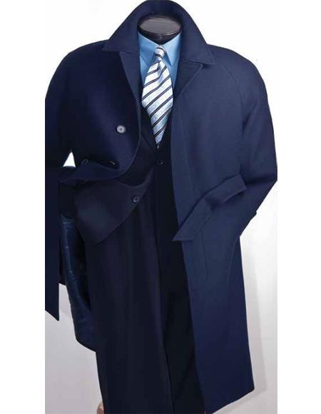 Full Length Belted Style Mens Raglan Overcoat - Wool Fabric Belted Navy Blue Single Breasted Coat