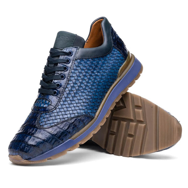 Marco Di Milano Roma Men's Shoes Navy Genuine Caiman Crocodile / Woven Leather Fashion Sneakers