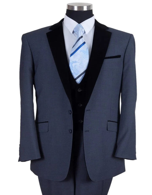 Blue Wedding Tuxedo - Mens Vested Modern Fit Navy Blue with Black Velvet Lapel and Vest Tuxedo Suit