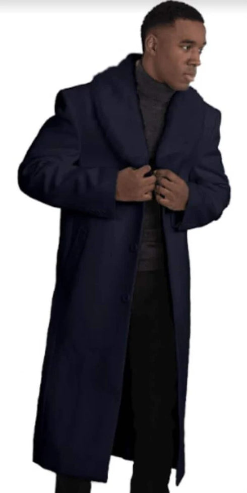 Mens Overcoat With Fur Collar - Single Breasted Navy Topcoat