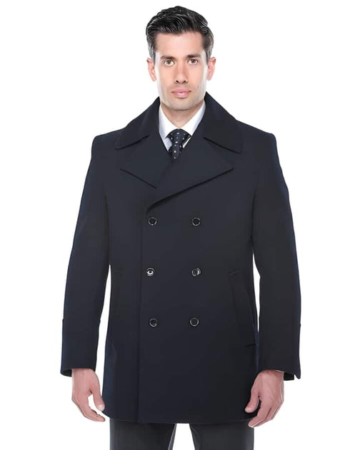 Double Breasted Navy Wool Blend Overcoat ~ Long men's Dress Topcoat - Winter coat