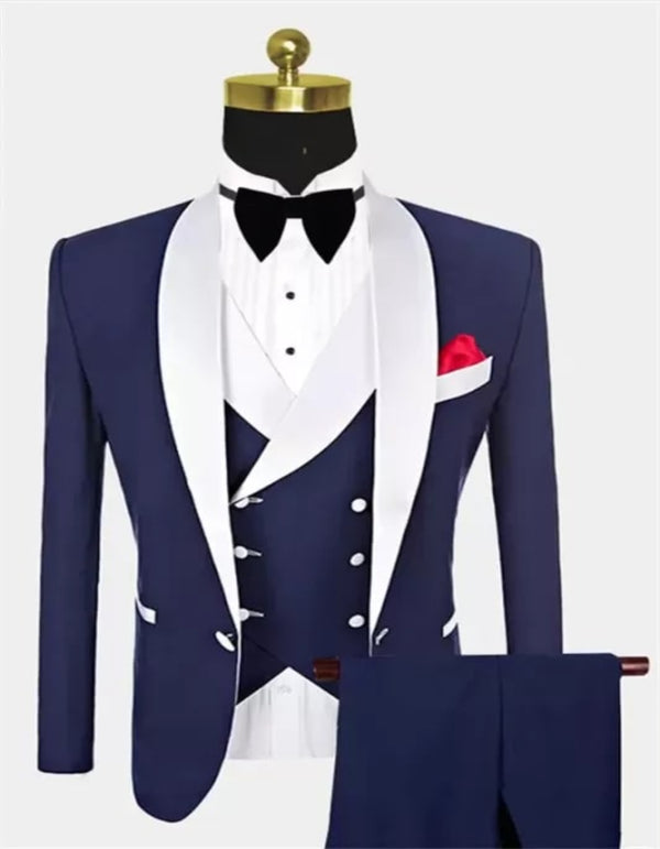 Navy Blue Groomsmen White Shawl Lapel One Button Wedding Tuxedos 3 Pieces