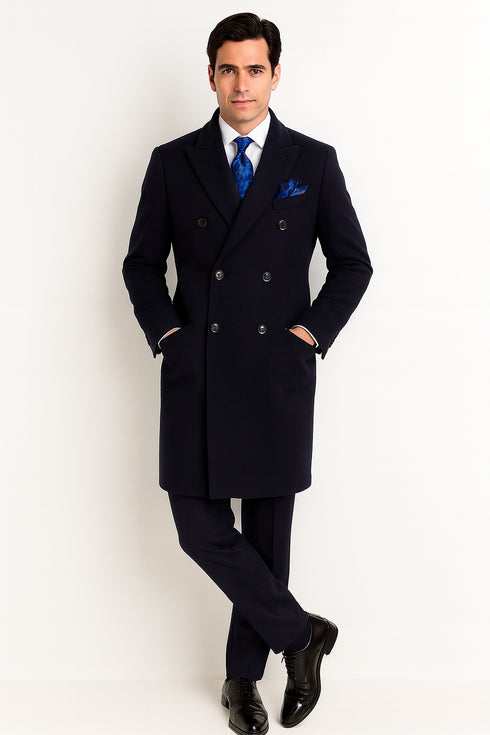 Navy Blue Overcoat - Blue Winter Topcoat - Fabric Double Breasted