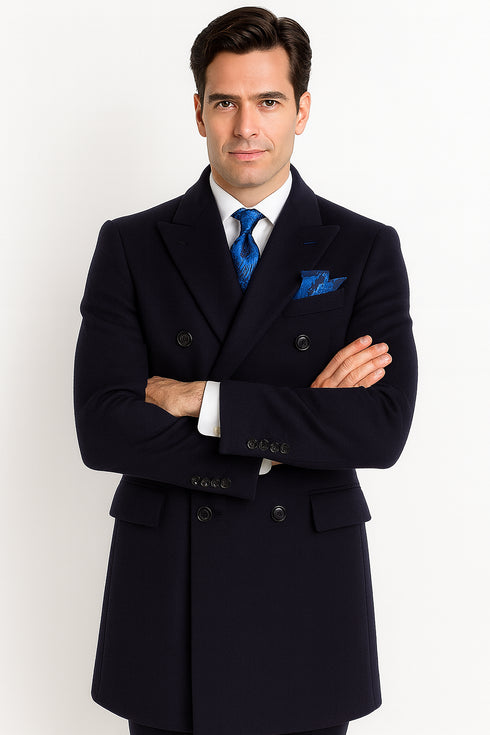 Navy Blue Overcoat - Blue Winter Topcoat - Fabric Double Breasted