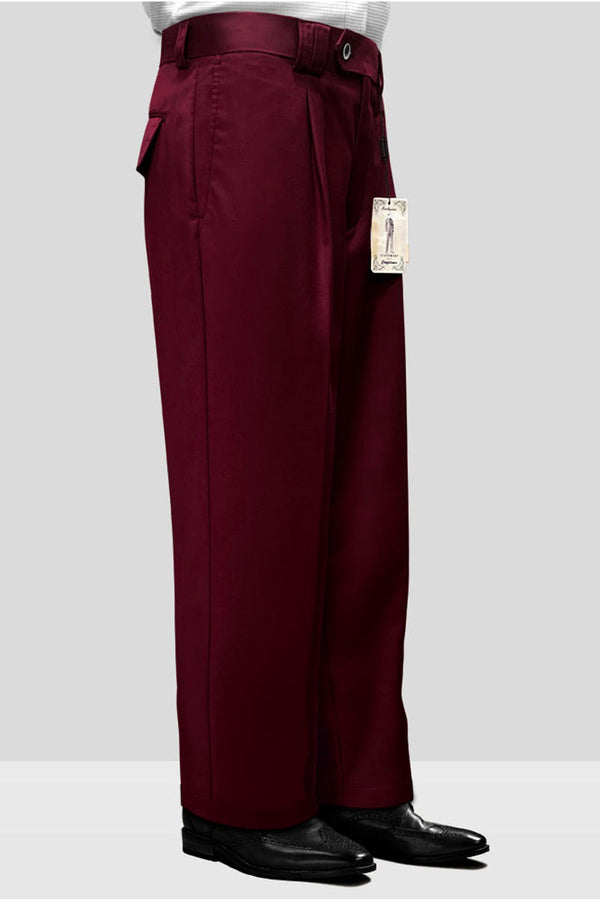 Mens Italian Wool Wide Leg Dress Pants in Burgundy