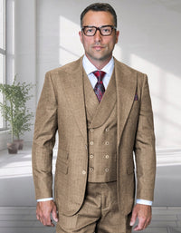 Mens Ticket Pocket Peak Lapel Double breasted Vest 100% Wool Tom Ford Style Modern Fit in Color "Bronze" By Statement
