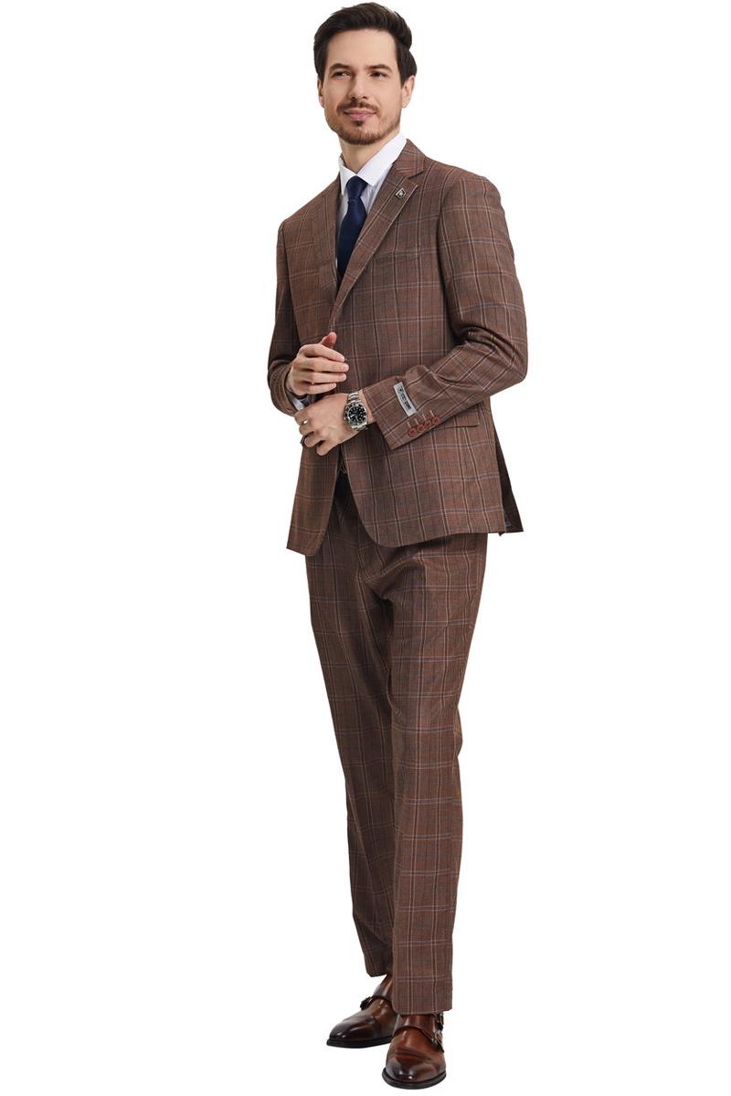 Vested Bro Look Men's Stacy Adams Vested Modern Fit Windowpane Plaid Suit in Light Bro ...