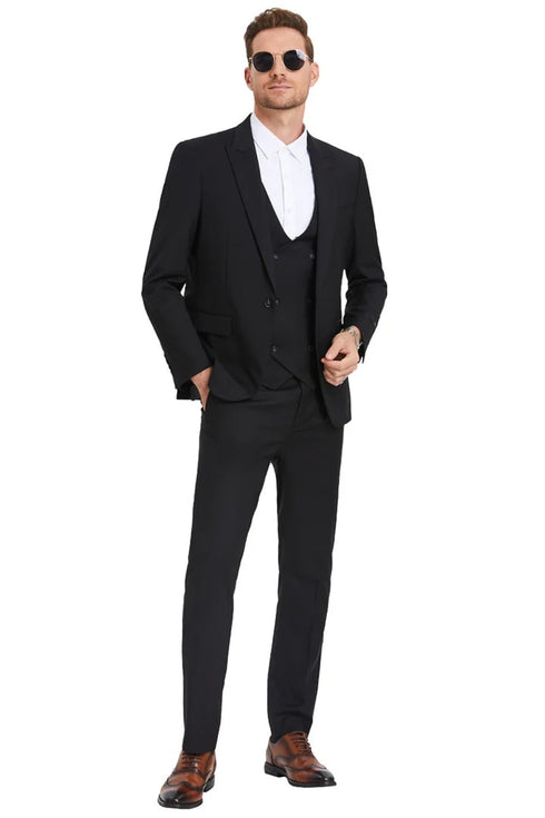 Men's Slim Fit One Button Peak Lapel Low Cut Double Breasted Vest Wedding Suit In Black