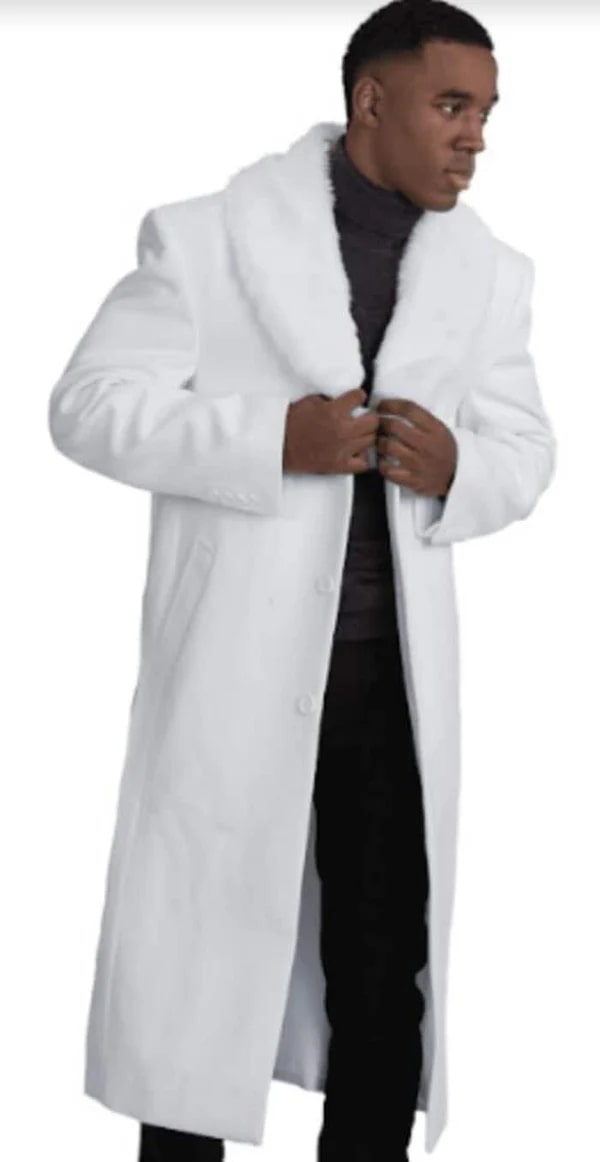 Mens Overcoat with Fur Collar - Single Breasted Off White Topcoat