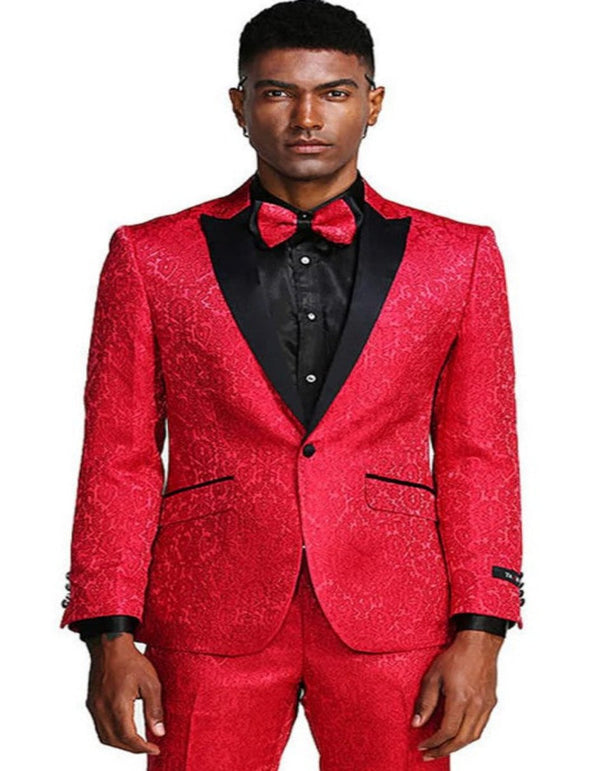 Mens One Button Peak Lapel Slim Fit Paisley Wedding and Prom Tuxedo in Red