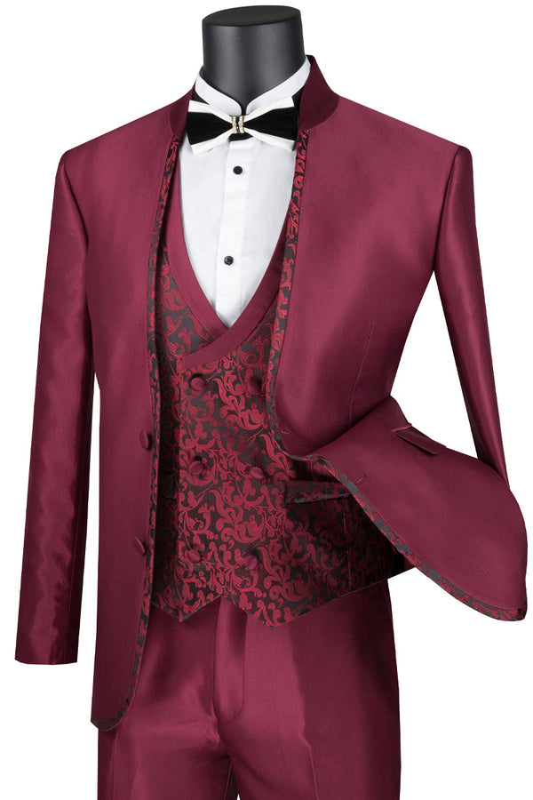 Mens Fancy Vested Mandarin Collar Tuxedo Suit in Burgundy