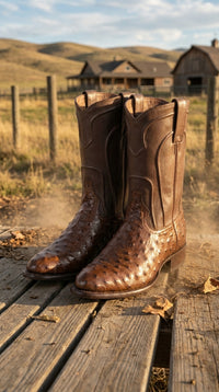 Los Altos Men's Genuine Full Quill Ostrich Brown Roper Toe Boots