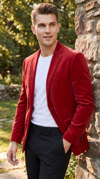 Men’s Red Velvet Big and Tall Blazer, Affordable Clearance Formal Sport Coat for Prom and Parties