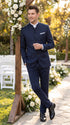 Men’s Navy Blue Mandarin Collar Suit, Dark Blue Banded Collar Formal Wedding Dress Suit