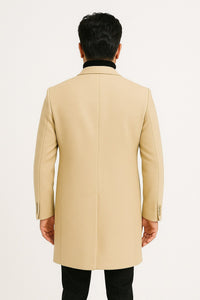 Mens Beige Wool Overcoat with Classic Notch Lapel and Single-Breasted Closure - Light Tan Sand Color