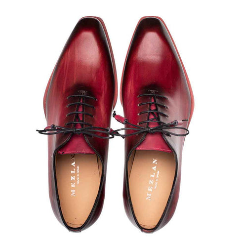 Dietro Oxford Burgundy Whole Cut Angular Patina Finish Calfskin Shoes By Mezlan Made In Spain Brand