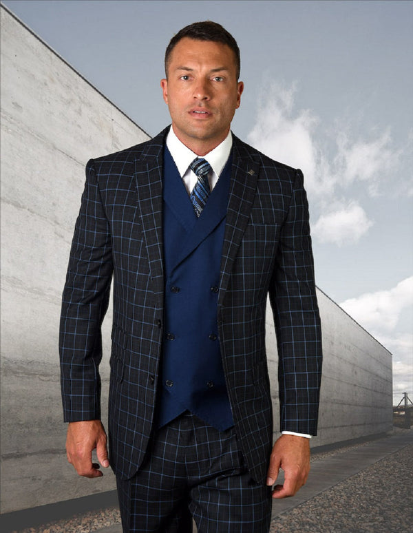 Mens 2 Button Vested Peak Lapel Suit in Navy Windowpane