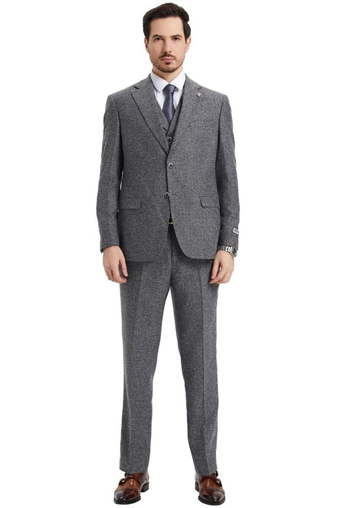 Men's Stacy Adams Vested Vintage Herringbone Tweed Suit in Grey