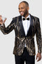 Mens Black Sport Coat - Mens Square Shawl Lapel Black & Gold Sequin Prom Tuxedo Jacket