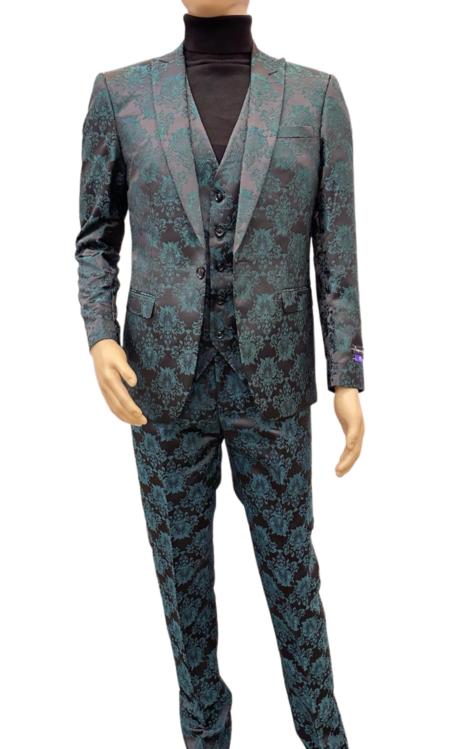Paisley Suit - Black and Emerald Green Prom Suit - Slim Fit Stage Suit OvercoatUSA Paisley Suit - Black and Emerald Green Prom Suit - Slim Fit Stage Suit OvercoatUSA