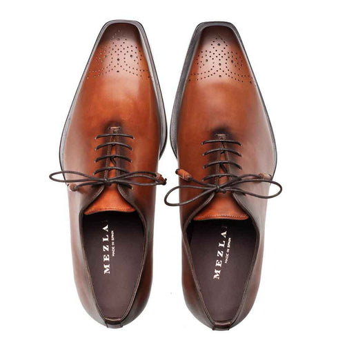 Cupula Patina Oxford Tan Leather Whole-Cut Calfskin Shoes By Mezlan Made In Spain Brand