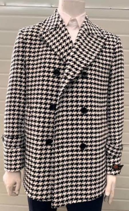 Mens Plaid Peacoat - Plaid Pattern  Peak Lapel Black Coat