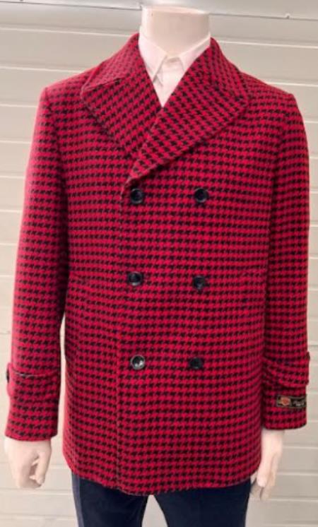 Mens Plaid Peacoat - Plaid Pattern Peak Lapel Red Coat