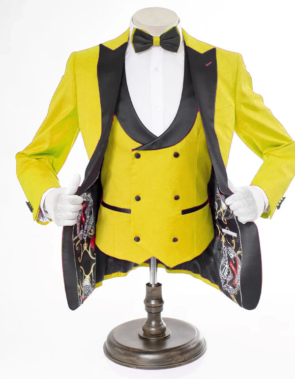 Mens 2 Button Peak Lapel Prom Yellow Tuxedo with Double Breasted Vest