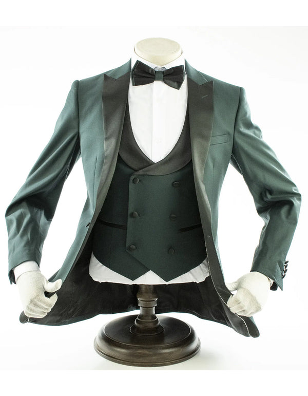 Mens 2 Button Peak Lapel Prom Hunter Green Tuxedo with Double Breasted Vest