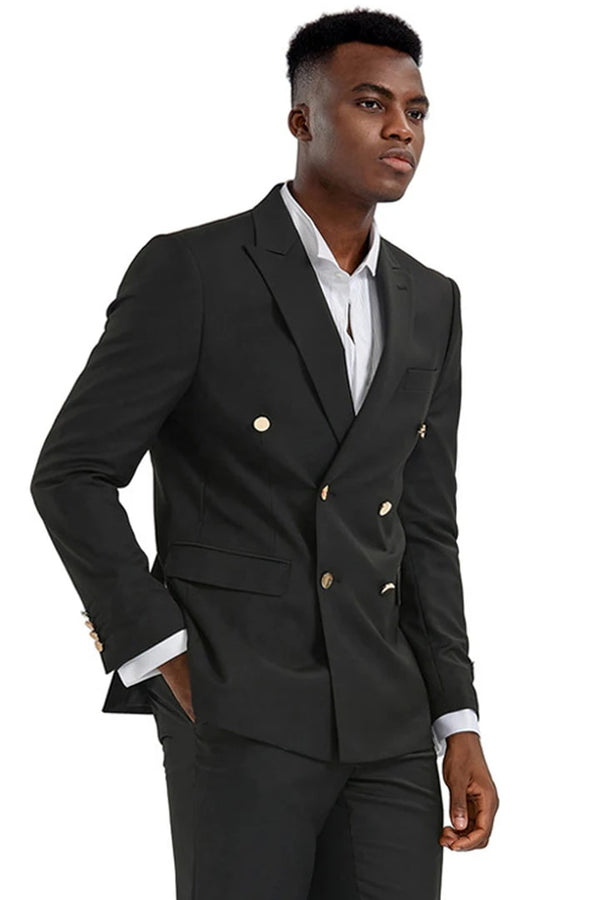 Men's Slim Fit Double Breasted Wedding Suit With Gold Buttons In Black