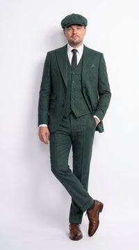 Thomas Shelby Peaky Blinders Green Pinstripe 3-Piece Wool Suit – Vintage 1920s Gangster Wedding Suit for Men