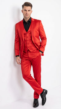 Men’s Red 3 Piece Slim Fit Shiny Satin Suit, Formal Wedding Prom Party Dress Suit