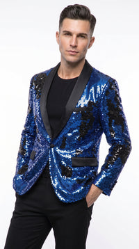 Men’s Royal Blue and Black Reversible Sequin Blazer, 1 Button Shiny Formal Party Jacket