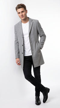 Men’s Light Grey Fitted Wool Peacoat – Modern Slim Cut Single-Breasted Coat