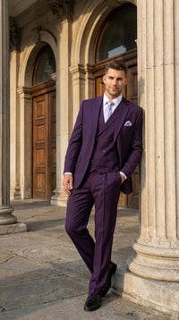 Men’s Purple 2 Button Fashion Suit with Double Breasted Vest, Formal Wedding Prom Dress Suit