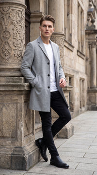 Men’s Light Grey Fitted Wool Peacoat – Modern Slim Cut Single-Breasted Coat