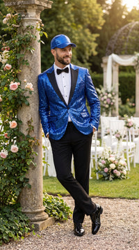 Men’s Royal Blue Sequin Suit, Shiny Metallic Stage Tuxedo Jacket and Pants for Groom and Prom