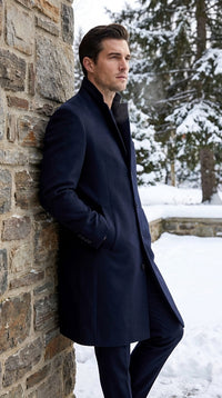 Men’s Navy Blue Bravo Top Overcoat, 4 Button Wool Blend Formal Winter Dress Coat