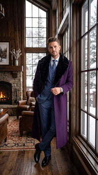 Men’s Purple Wool Overcoat, Long Winter Dress Topcoat with Black Fur Collar for Formal and Business Wear