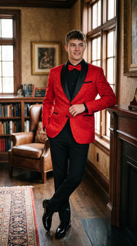 Men’s Red Paisley Jacquard Tuxedo Suit, Modern Fit Black Satin Shawl Lapel Prom Wedding Formal Suit