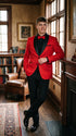 Men’s Red Paisley Jacquard Tuxedo Suit, Modern Fit Black Satin Shawl Lapel Prom Wedding Formal Suit