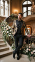 Men’s Black and Gold Floral Jacquard 3 Piece Suit, Modern Fit Tuxedo with Matching Bow Tie for Weddings and Prom