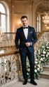 Men’s Daniel Craig James Bond Navy Blue Tuxedo Costume, 007 Inspired Black Satin Shawl Lapel Formal Wedding Suit