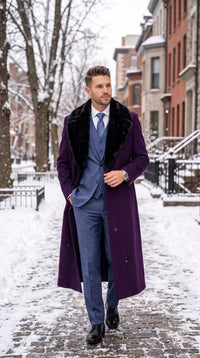 Men’s Purple Wool Overcoat, Long Winter Dress Topcoat with Black Fur Collar for Formal and Business Wear