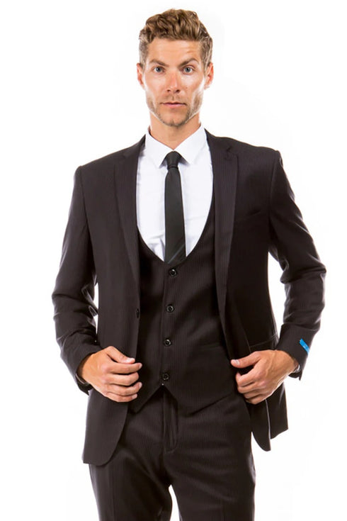 Men's Two Button Vested Hybrid Fit Micro Mini Pinstripe Business Suit In Black