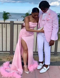 Pink And White Tuxedo Suit With White Pants + White Shirt + Pink Vest and Bowtie