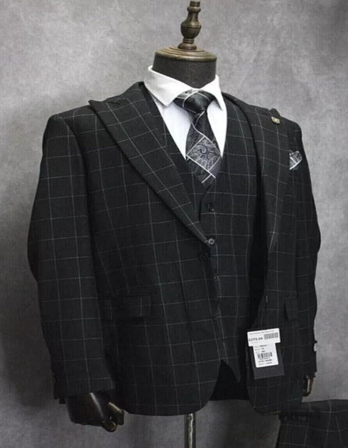 Mens Two Button Peak Lapel Plaid Pattern Suit Charcoal ~ White