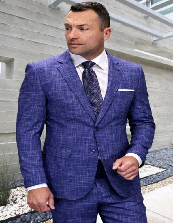 Mens 3 Piece 100 Percent Wool Suit - Affordable Italian Super 150's Fabric in Plaid Texture Fabric in Color Sapphire - Online Special