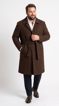 Men’s Dark Brown 100% Wool Gabardine Duster Overcoat, Classic Belted Long Winter Dress Coat