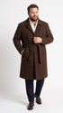 Men’s Dark Brown 100% Wool Gabardine Duster Overcoat, Classic Belted Long Winter Dress Coat